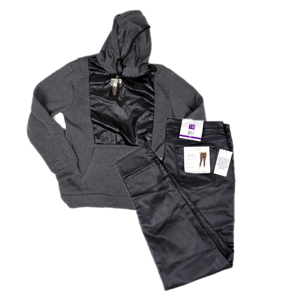 NWT Sanctuary Blk Coated Skinny Jeans 16 + Hoodie - Picture 2 of 13